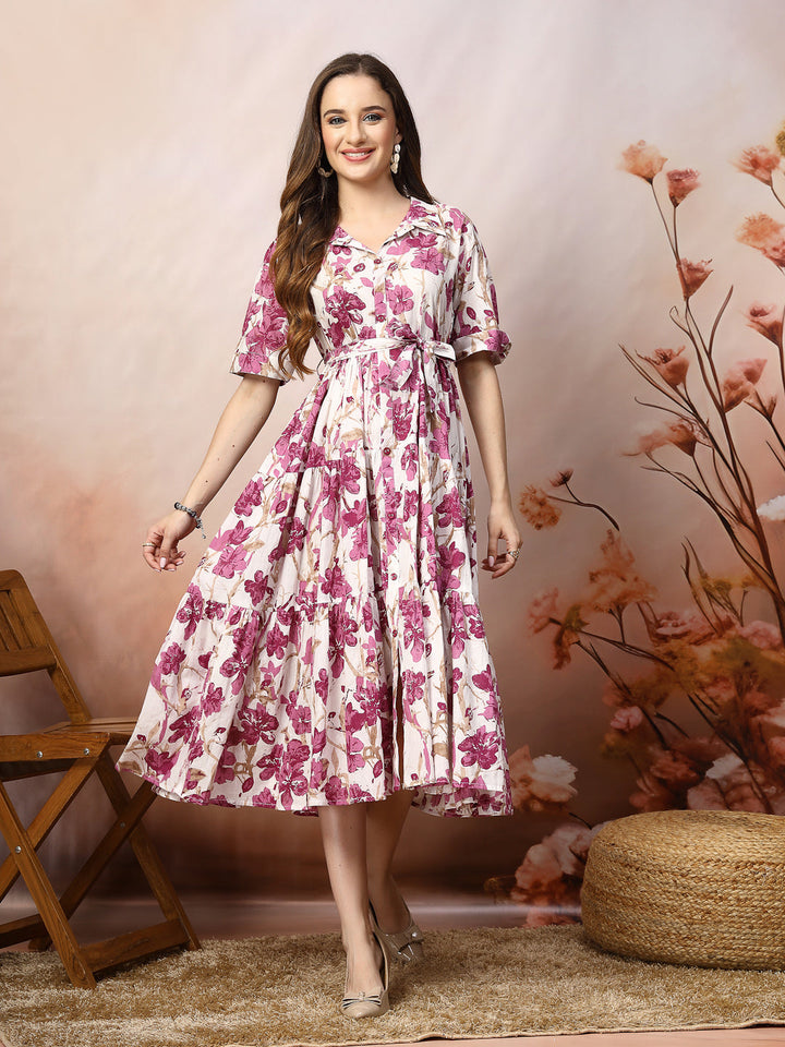 Pink-Cotton-Floral-Printed-Flared-Midi-Dress