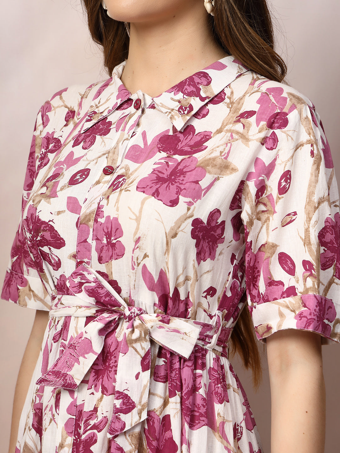 Pink-Cotton-Floral-Printed-Flared-Midi-Dress