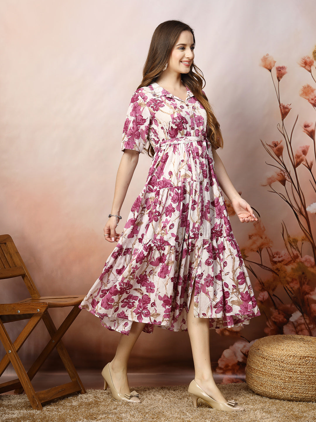 Pink-Cotton-Floral-Printed-Flared-Midi-Dress