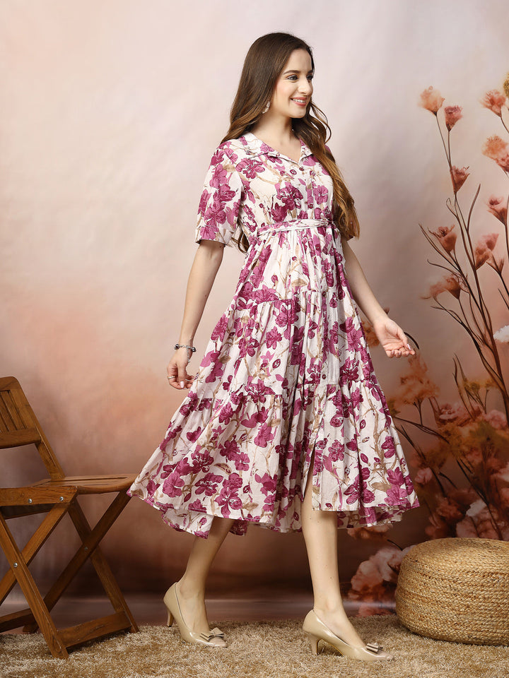 Pink-Cotton-Floral-Printed-Flared-Midi-Dress