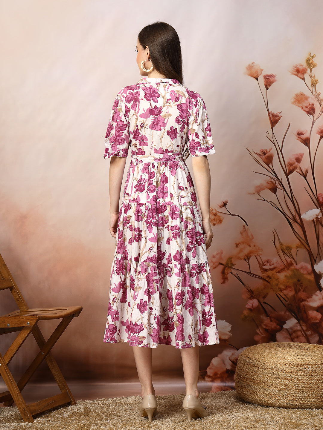 Pink-Cotton-Floral-Printed-Flared-Midi-Dress