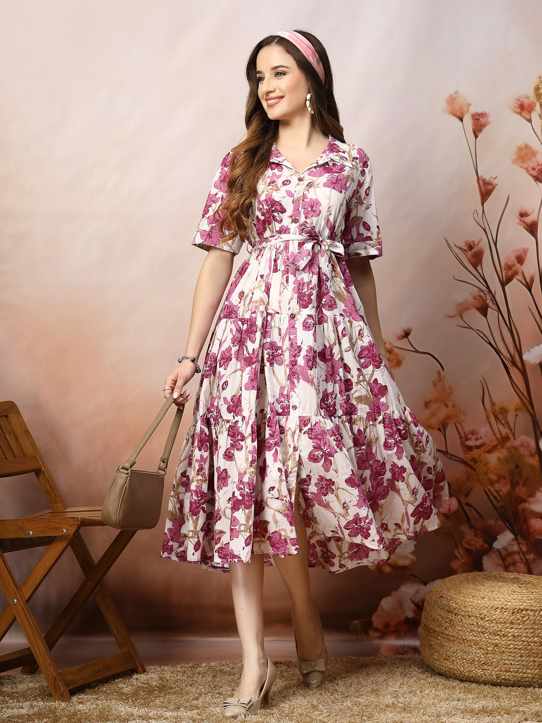 Pink-Cotton-Floral-Printed-Flared-Midi-Dress