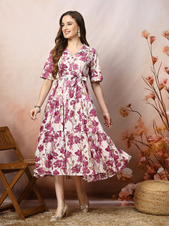 Pink-Cotton-Floral-Printed-Flared-Midi-Dress