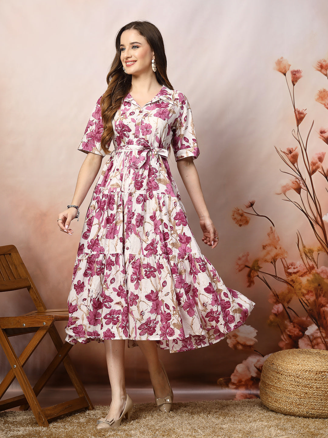Floral Printed Cotton Flared Dress