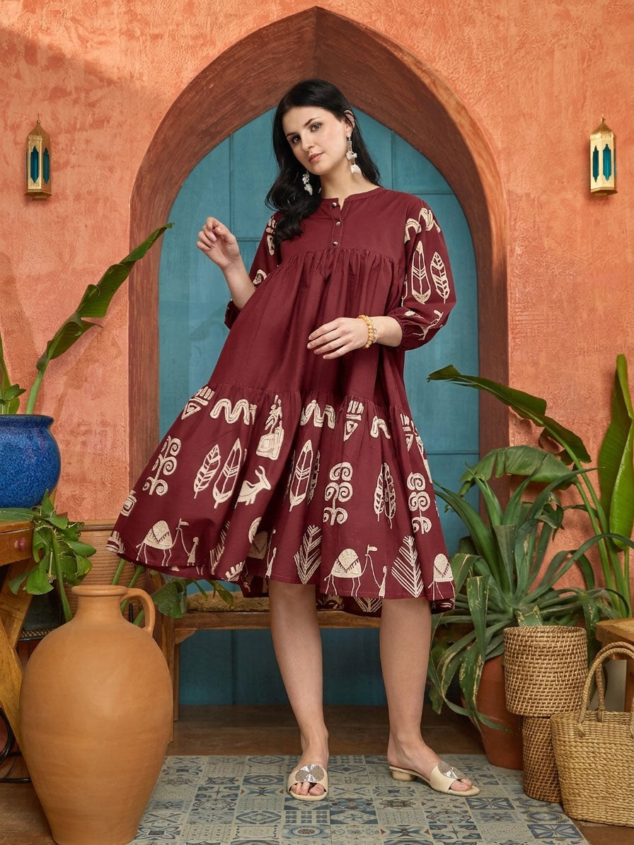 Maroon Boho Printed Cotton Tiered Dress