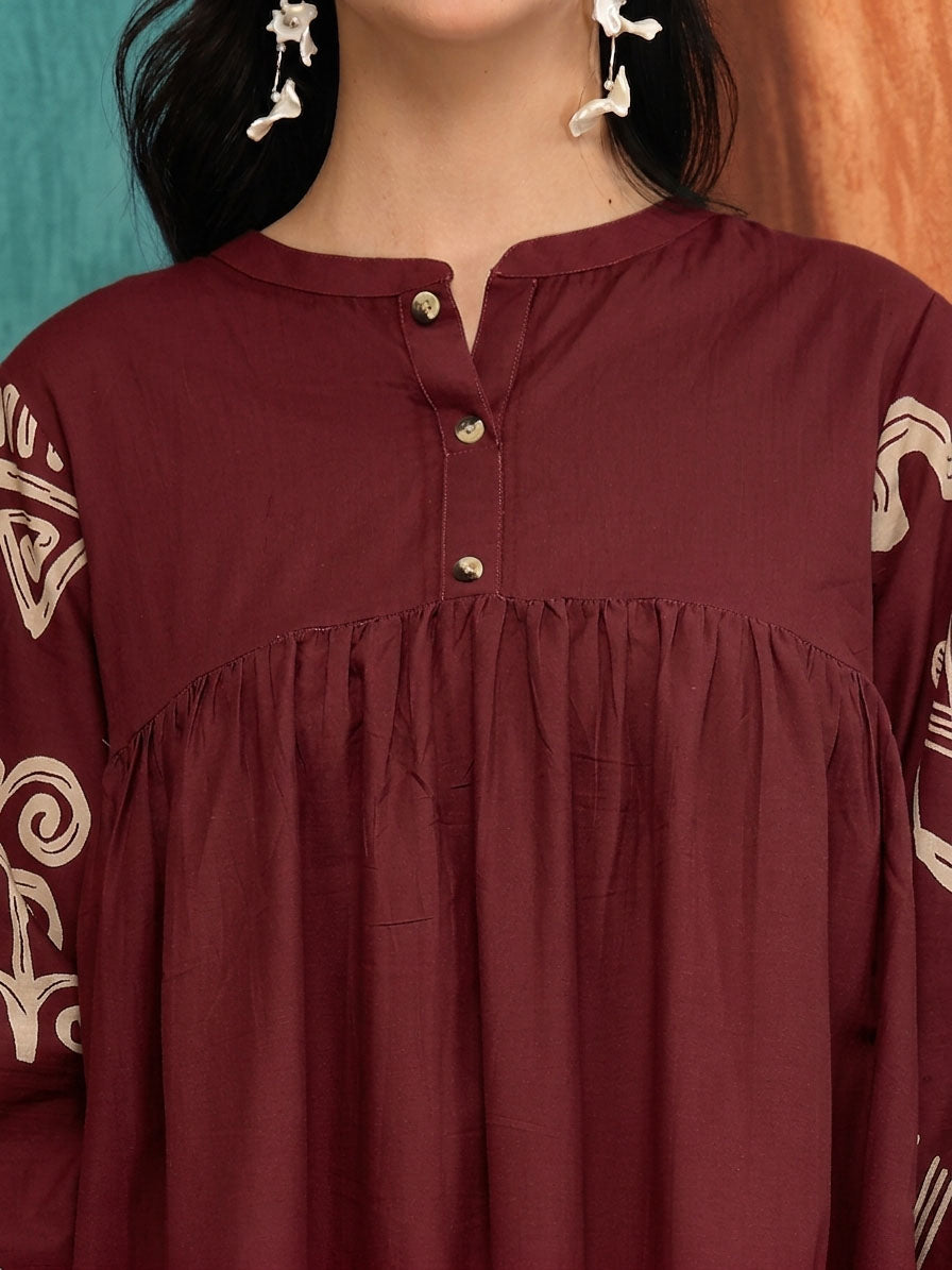 Maroon Boho Printed Cotton Tiered Dress