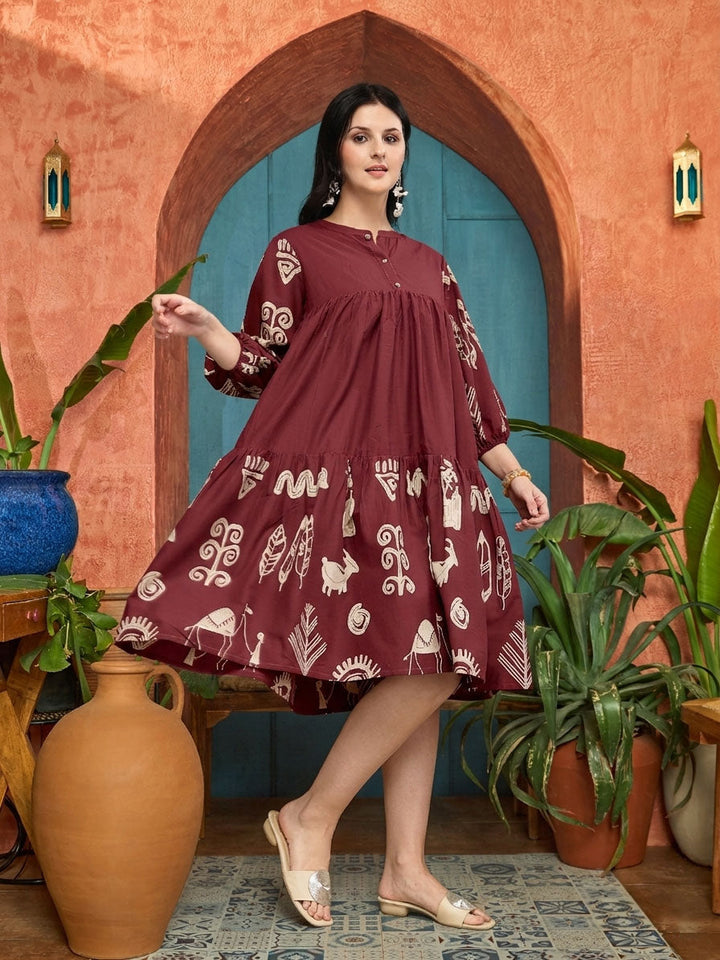 Maroon Boho Printed Cotton Tiered Dress