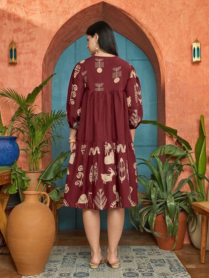Maroon Boho Printed Cotton Tiered Dress