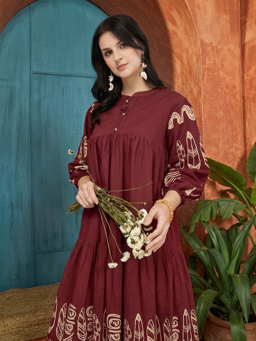 Maroon Boho Printed Cotton Tiered Dress