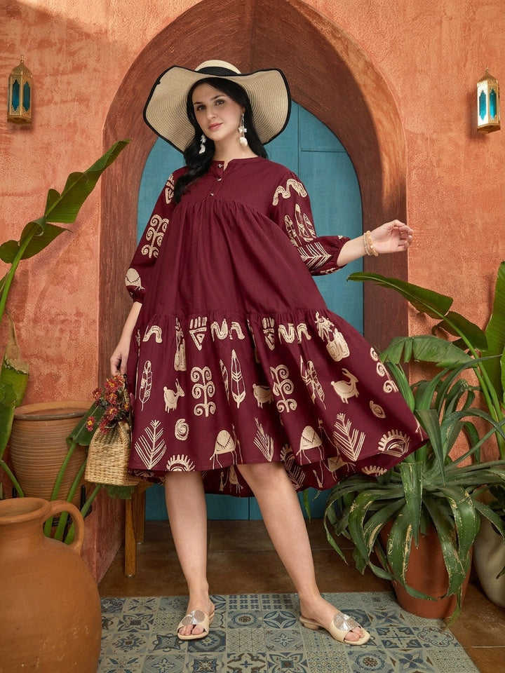 Maroon Boho Printed Cotton Tiered Dress