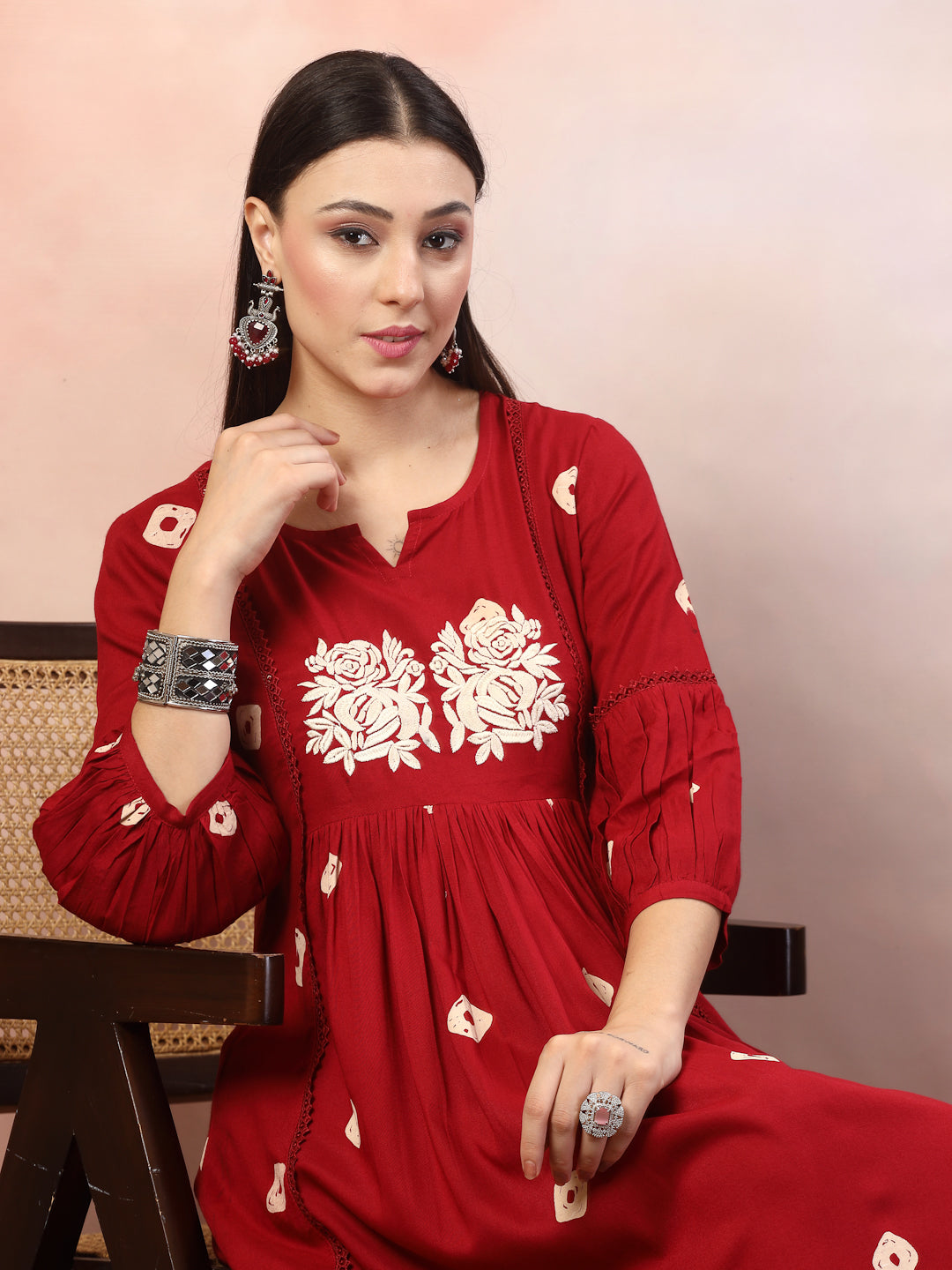 Maroon-Rayon-Bandhej-Printed-&-Embroidered-Midi-Dress