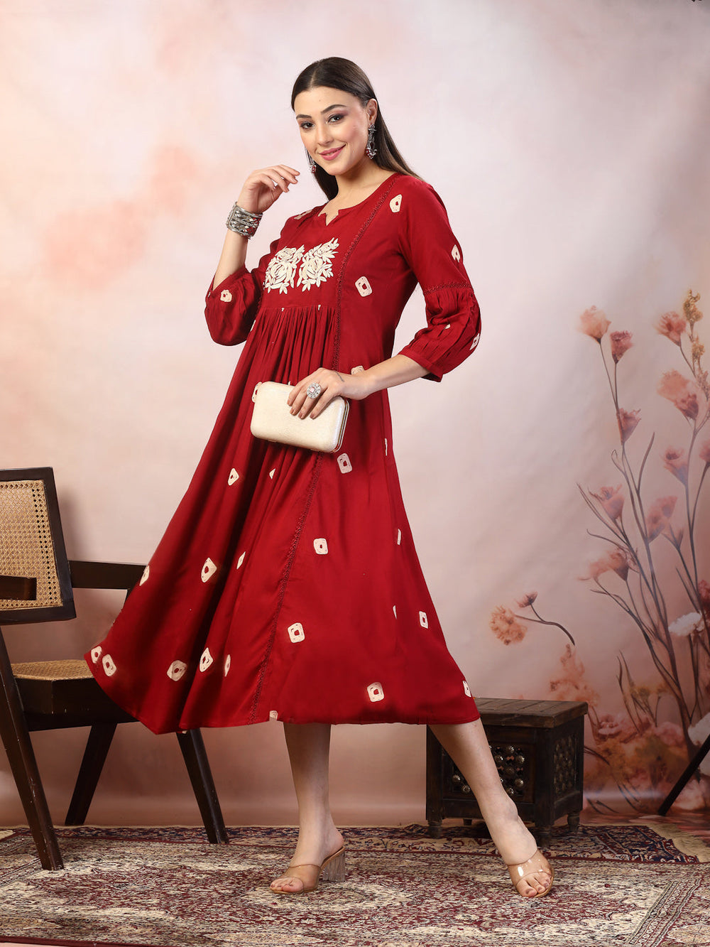 Maroon-Rayon-Bandhej-Printed-&-Embroidered-Midi-Dress