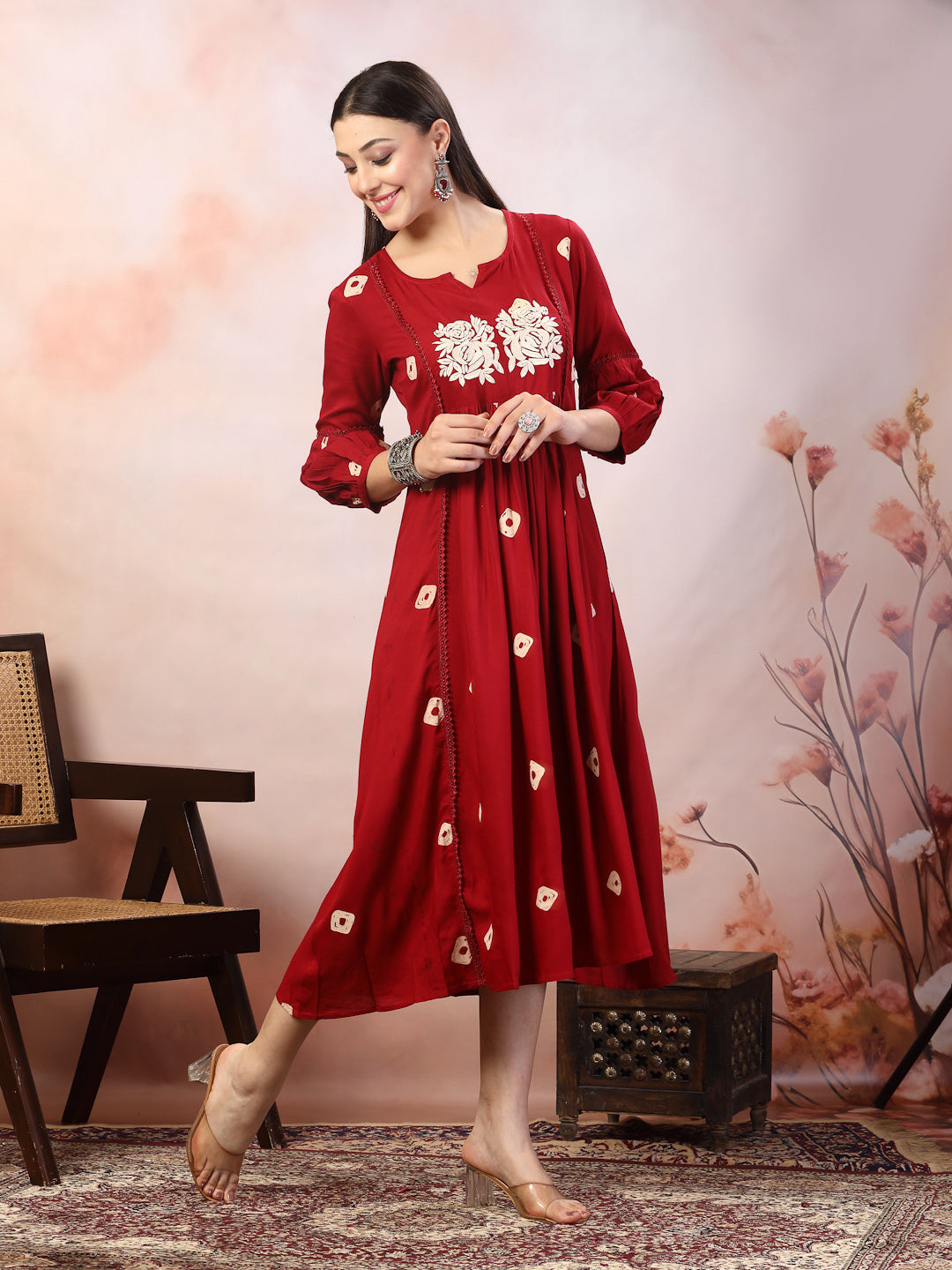 Maroon-Rayon-Bandhej-Printed-&-Embroidered-Midi-Dress