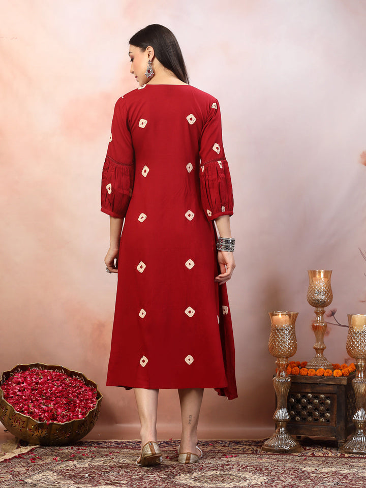 Maroon-Rayon-Bandhej-Printed-&-Embroidered-Midi-Dress