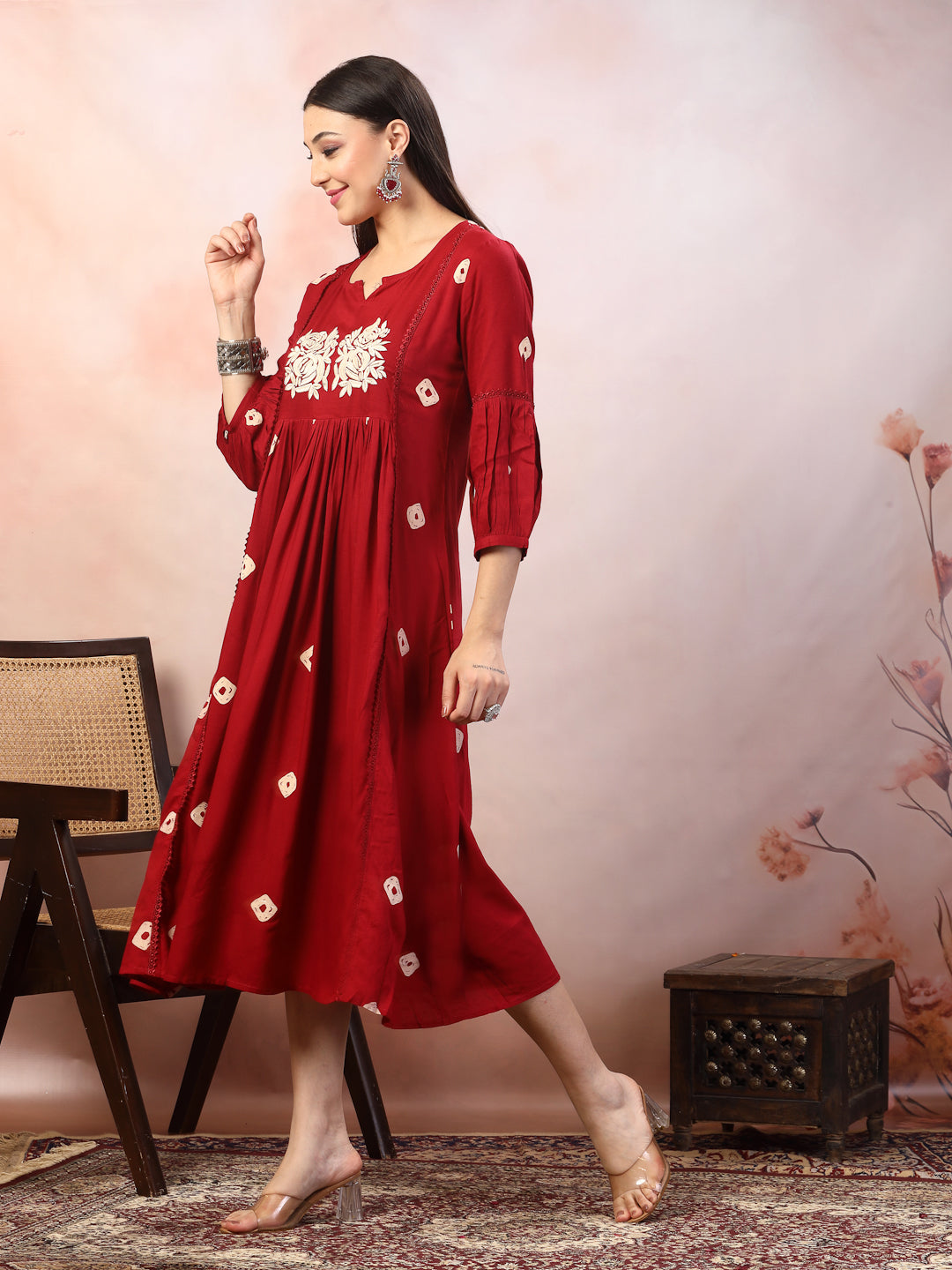 Maroon-Rayon-Bandhej-Printed-&-Embroidered-Midi-Dress