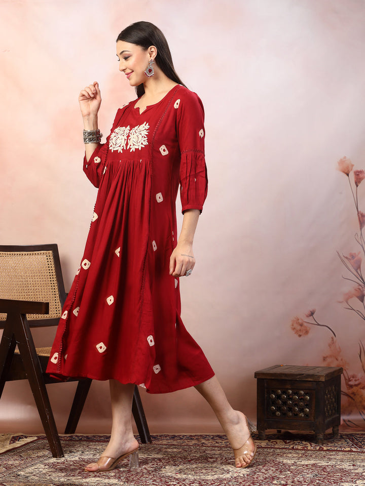 Maroon-Rayon-Bandhej-Printed-&-Embroidered-Midi-Dress