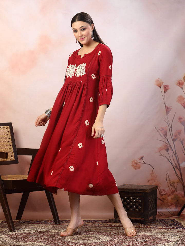 Maroon-Rayon-Bandhej-Printed-&-Embroidered-Midi-Dress