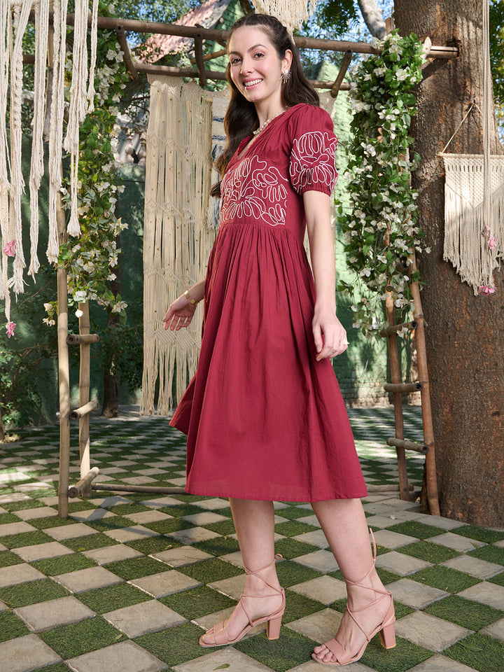 Maroon Solid Cotton Flared Dress
