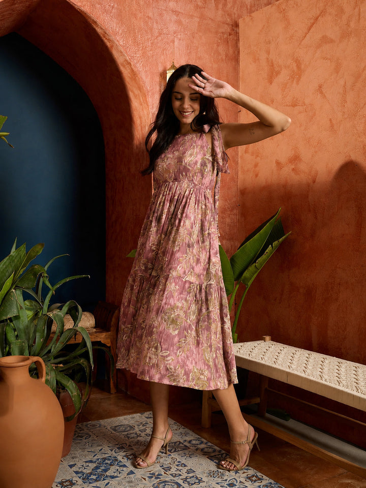 Mauve Floral Printed Crepe Tiered Dress