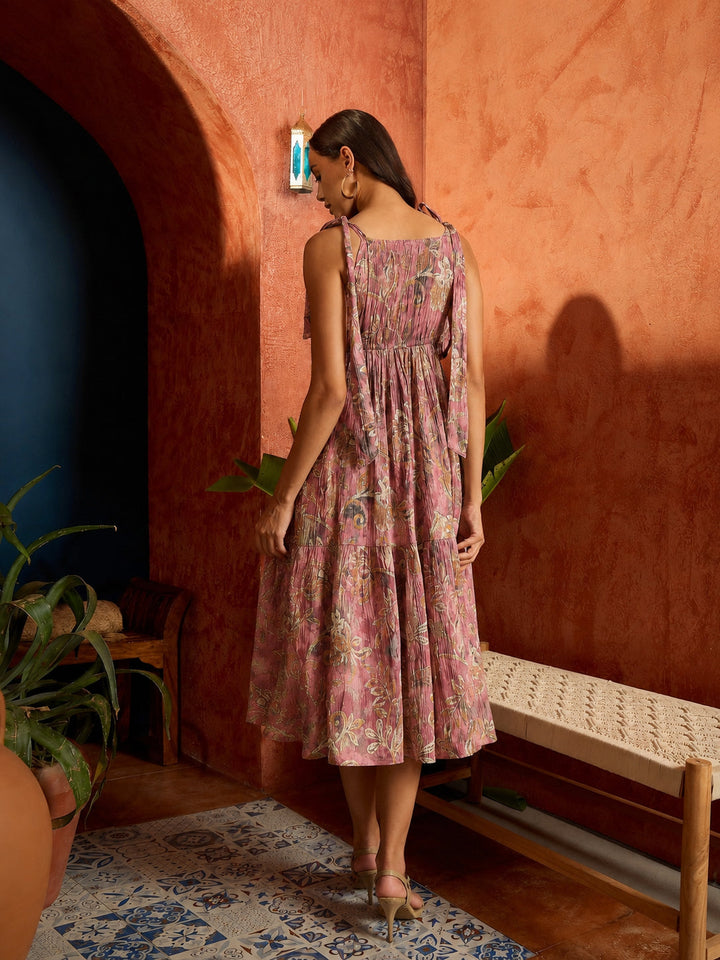 Mauve Floral Printed Crepe Tiered Dress