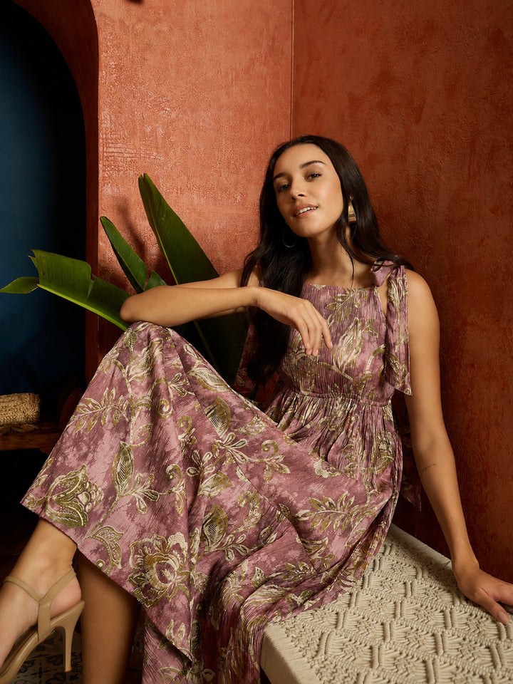 Mauve Floral Printed Crepe Tiered Dress