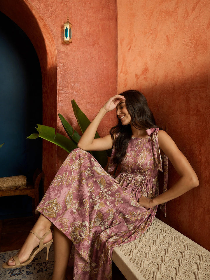 Mauve Floral Printed Crepe Tiered Dress