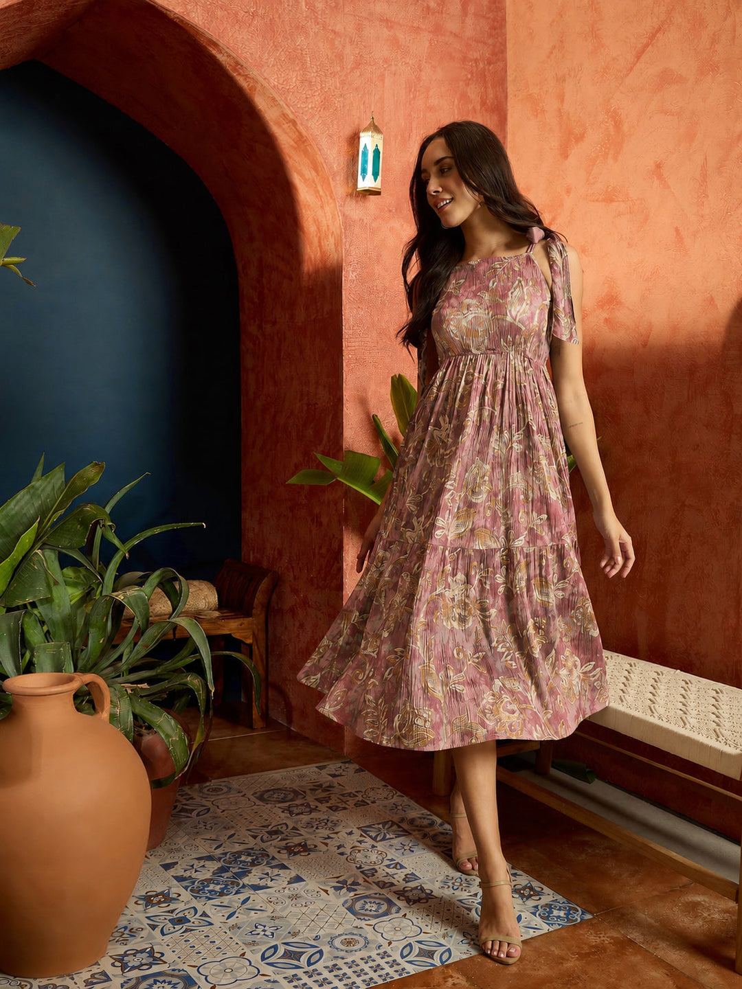 Mauve Floral Printed Crepe Tiered Dress