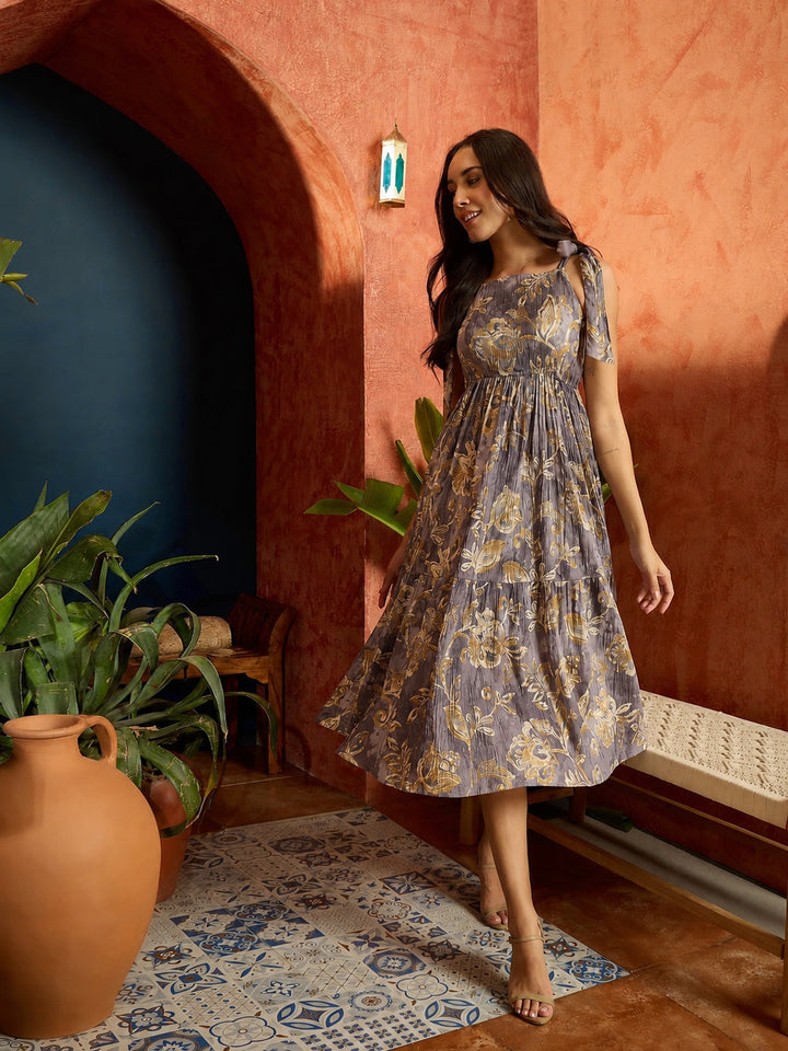 Mocha Floral Printed Crepe Tiered Dress