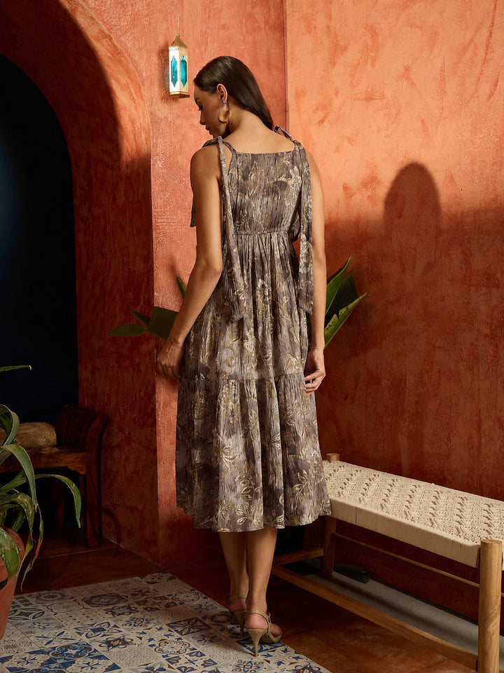 Mocha Floral Printed Crepe Tiered Dress