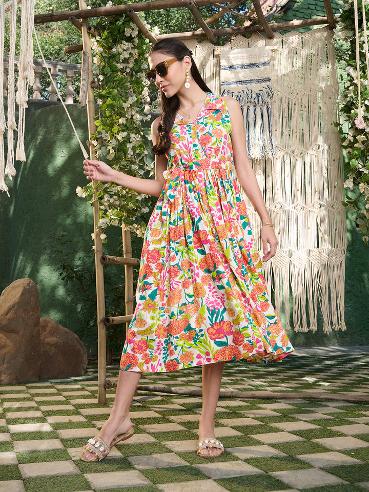 Multi Floral Printed Rayon Flared Dress