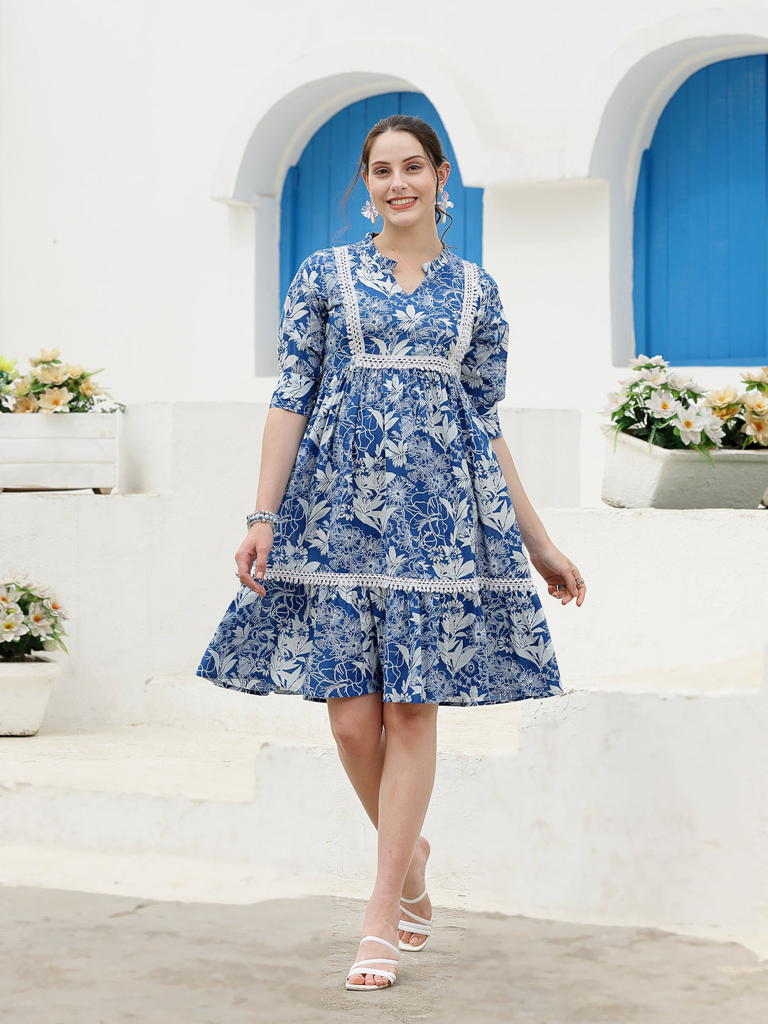 Blue-Tropical-Cotton-Printed-A-Line-Midi-Dress