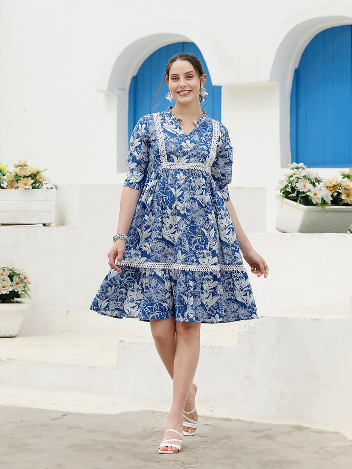 Blue-Tropical-Cotton-Printed-A-Line-Midi-Dress