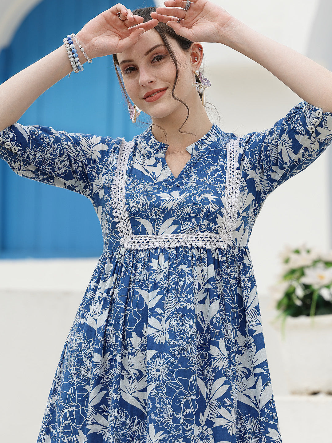 Blue-Tropical-Cotton-Printed-A-Line-Midi-Dress