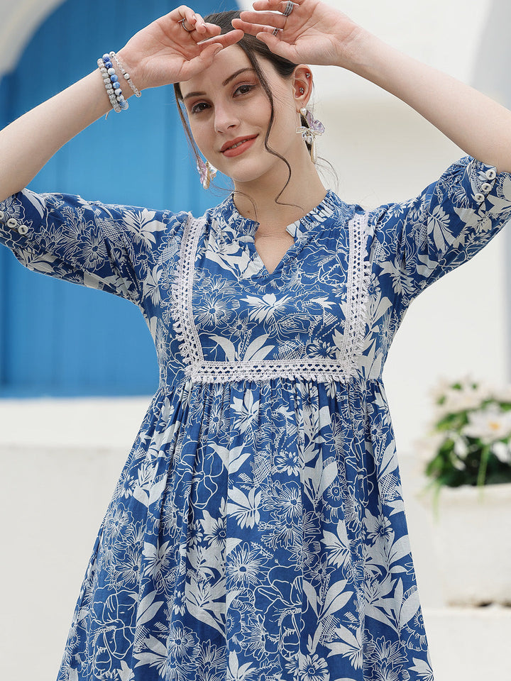 Blue-Tropical-Cotton-Printed-A-Line-Midi-Dress
