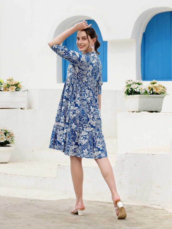Blue-Tropical-Cotton-Printed-A-Line-Midi-Dress