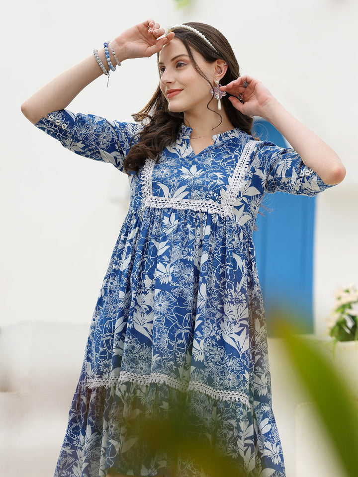 Blue-Tropical-Cotton-Printed-A-Line-Midi-Dress