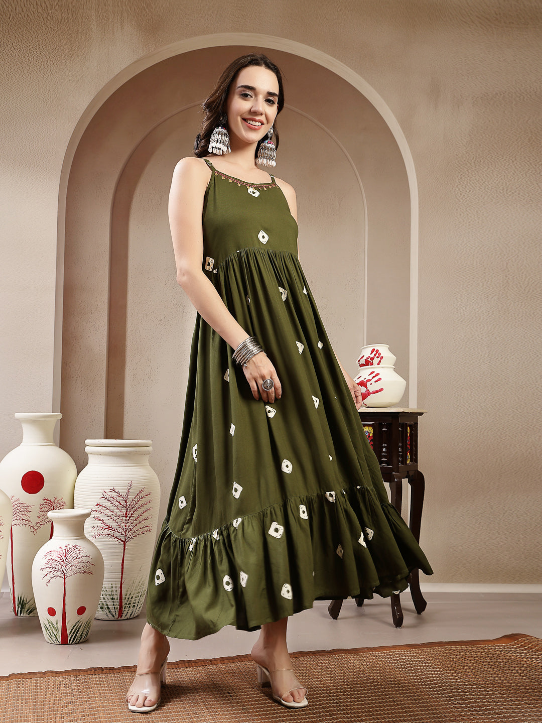 Green Bandhej Printed Rayon Tiered Dress With Ethnic Jacket