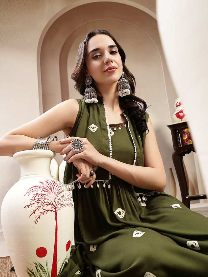 Green Bandhej Printed Rayon Tiered Dress With Ethnic Jacket