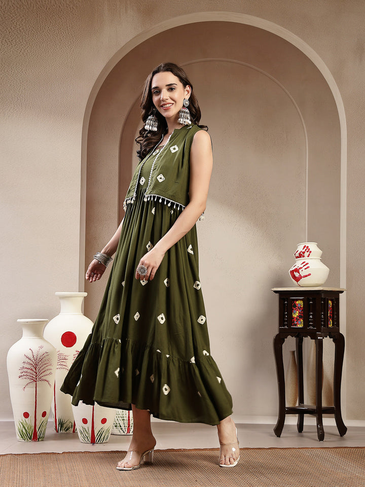 Green Bandhej Printed Rayon Tiered Dress With Ethnic Jacket