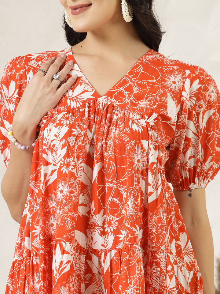 Orange-Cotton-Tropical-Printed-Flared-Mini-Dress