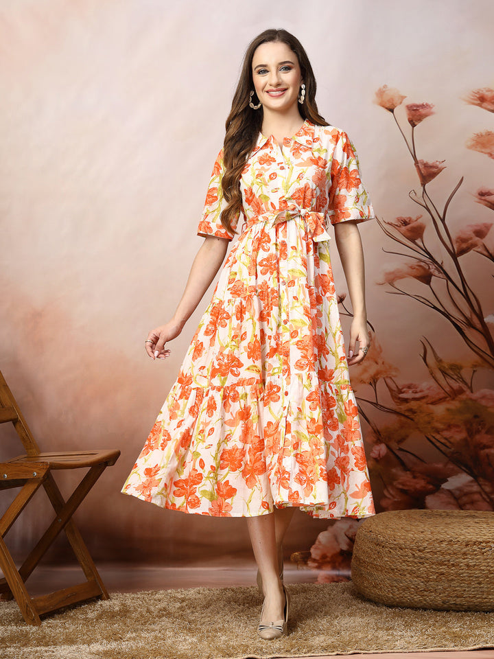 Orange-Cotton-Floral-Printed-Flared-Midi-Dress