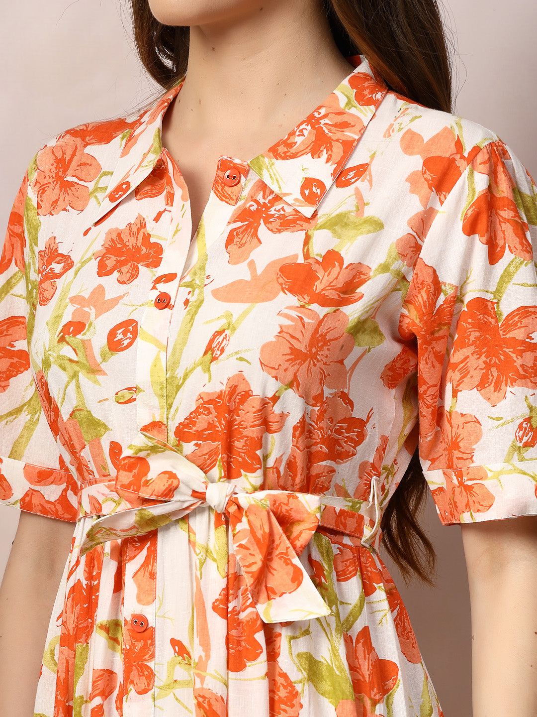 Orange-Cotton-Floral-Printed-Flared-Midi-Dress