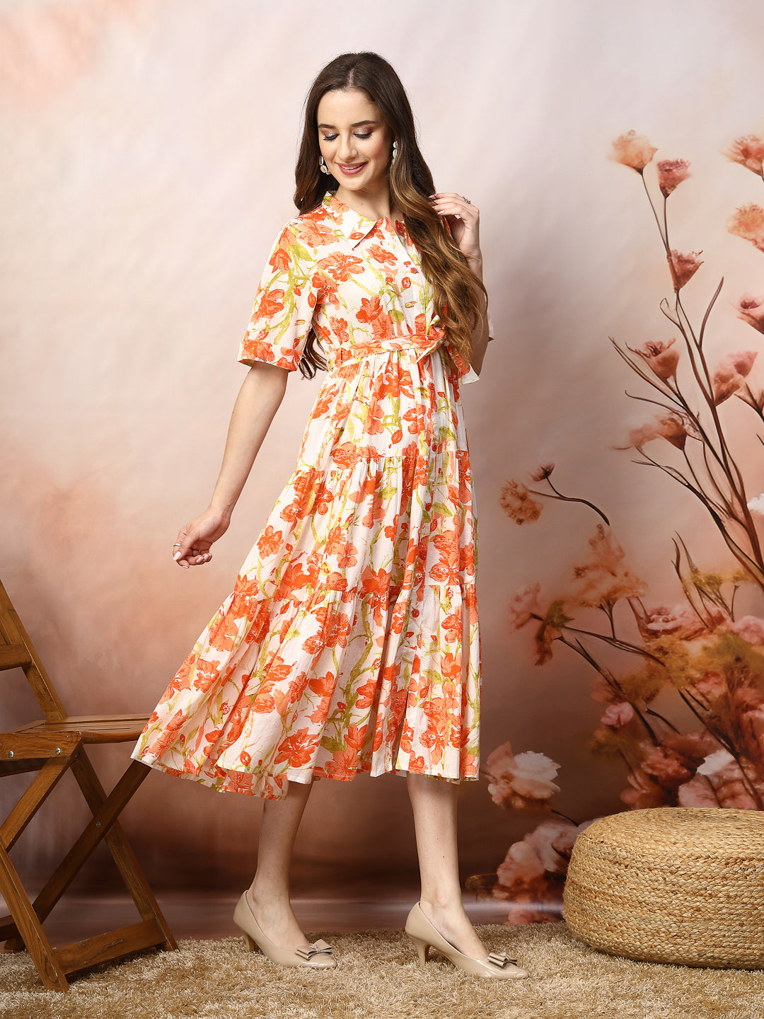 Orange-Cotton-Floral-Printed-Flared-Midi-Dress