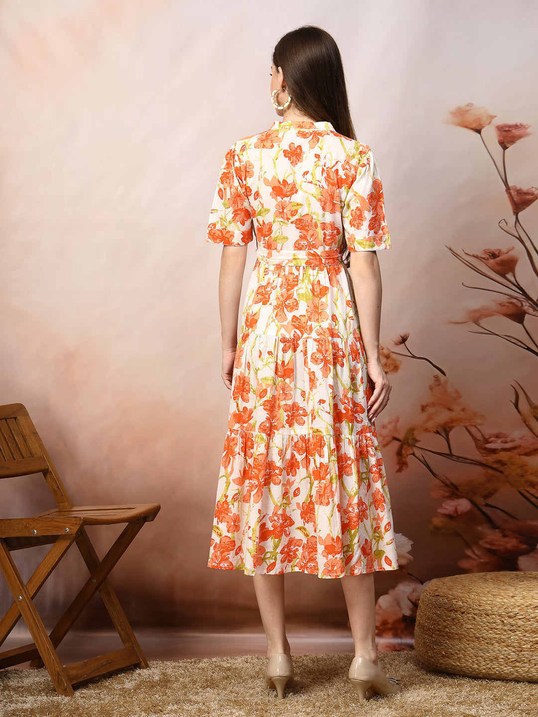 Orange-Cotton-Floral-Printed-Flared-Midi-Dress