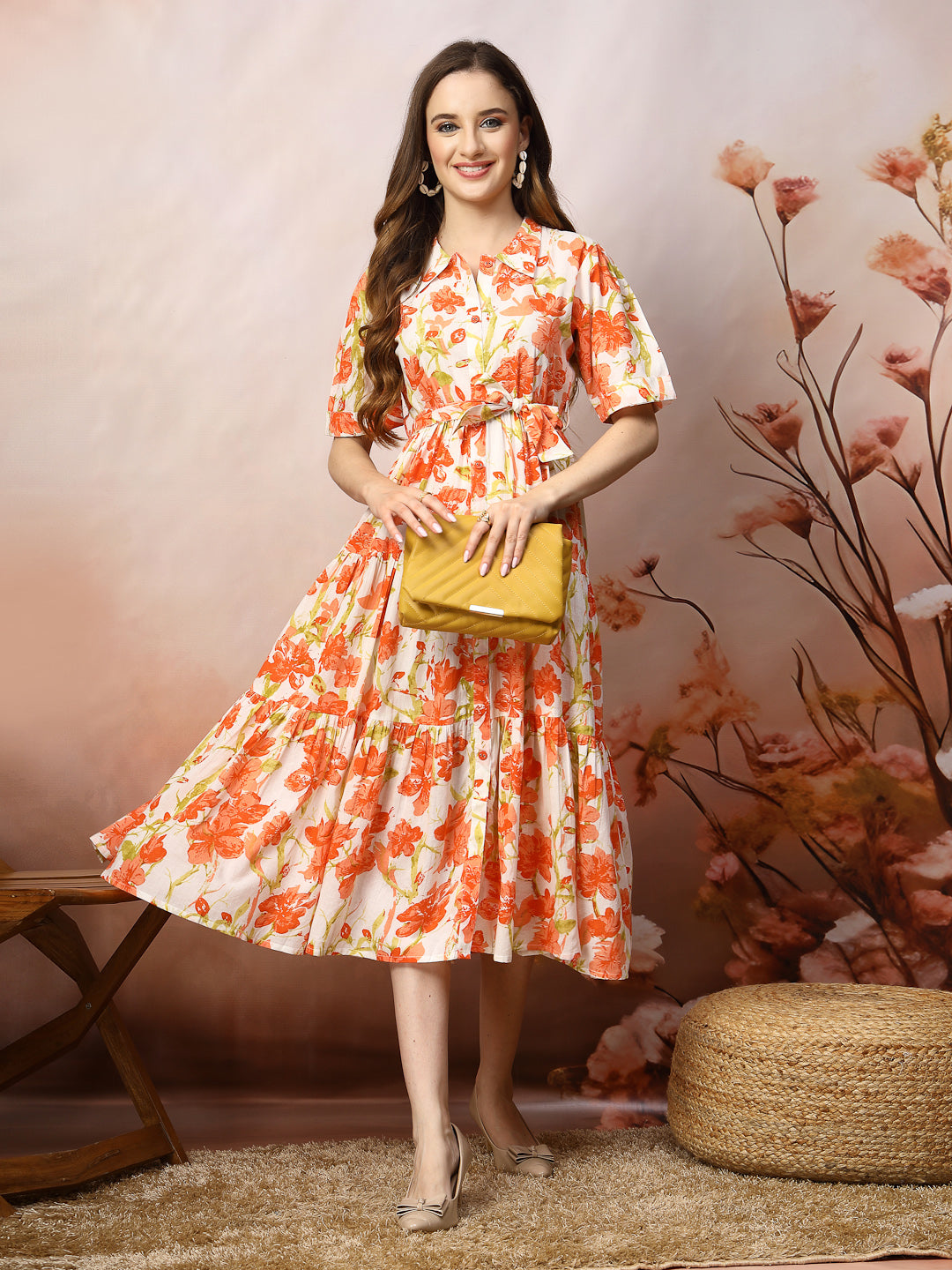 Orange-Cotton-Floral-Printed-Flared-Midi-Dress