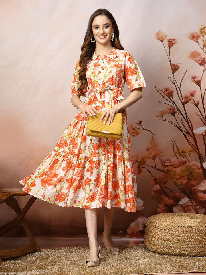 Orange-Cotton-Floral-Printed-Flared-Midi-Dress