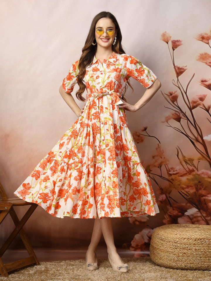 Orange-Cotton-Floral-Printed-Flared-Midi-Dress