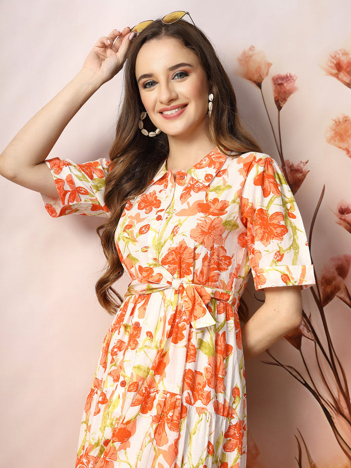 Orange-Cotton-Floral-Printed-Flared-Midi-Dress