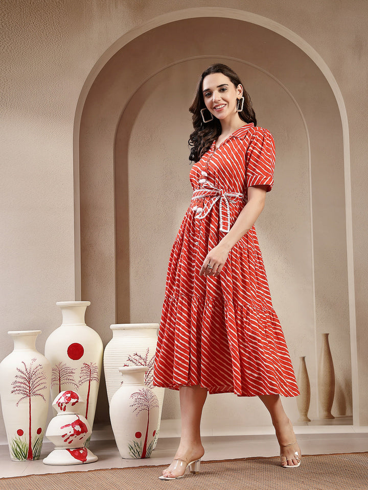 Orange Leheriya Printed Cotton Tiered Dress