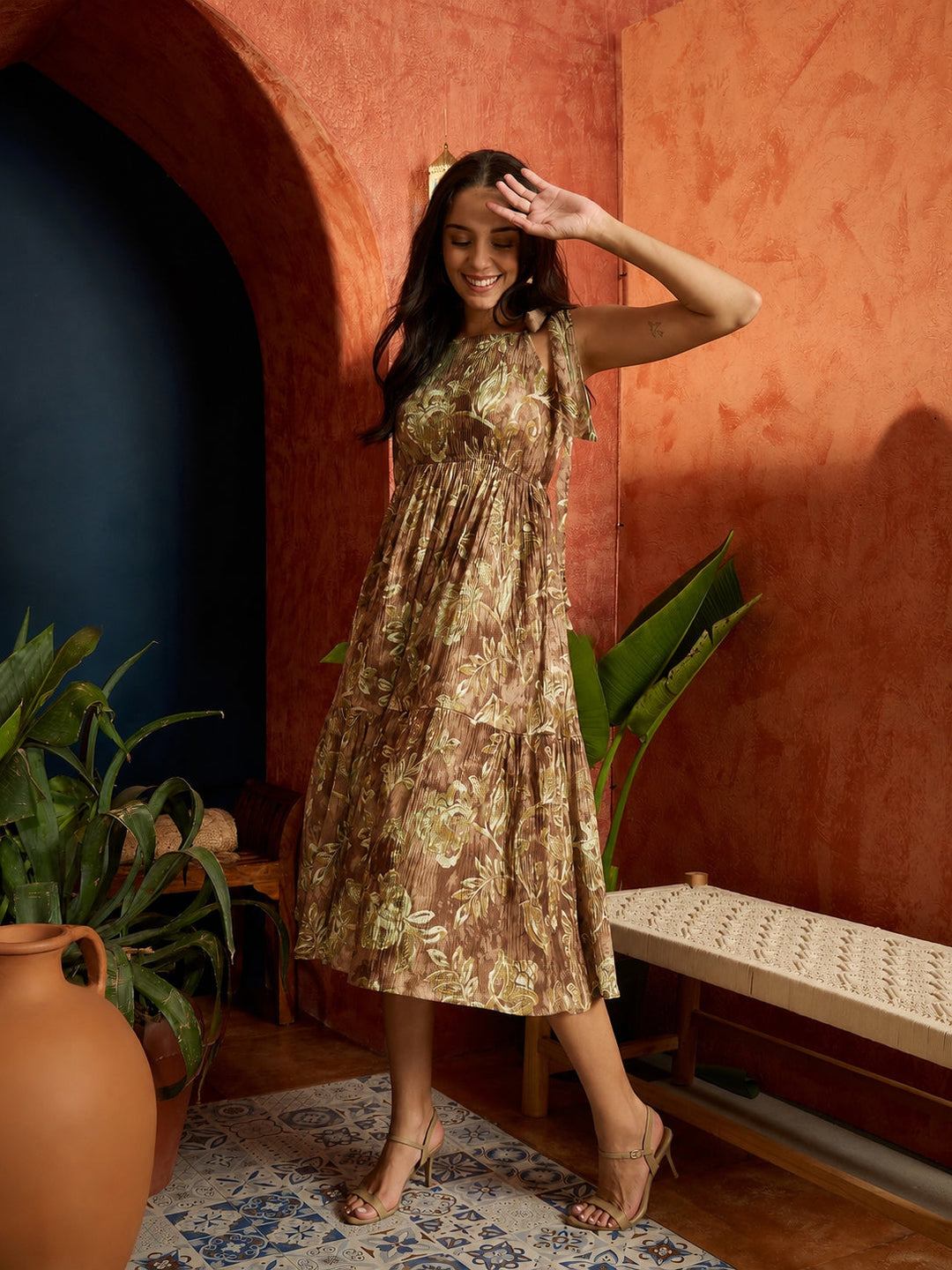 Peach Floral Printed Crepe Tiered Dress
